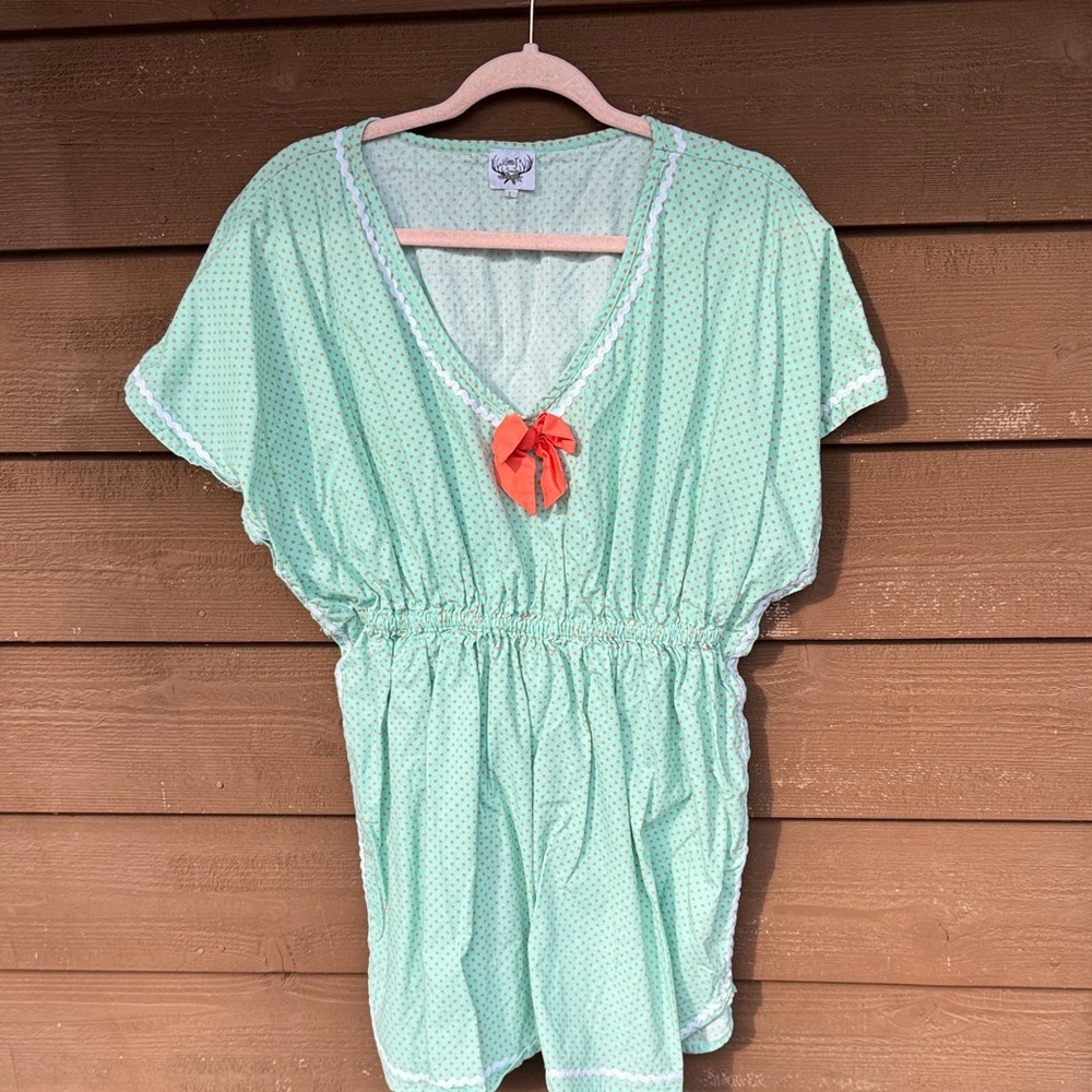 Little J’s Smocks Handmade Mint Green Polka Dot Dress with Coral Accent size L